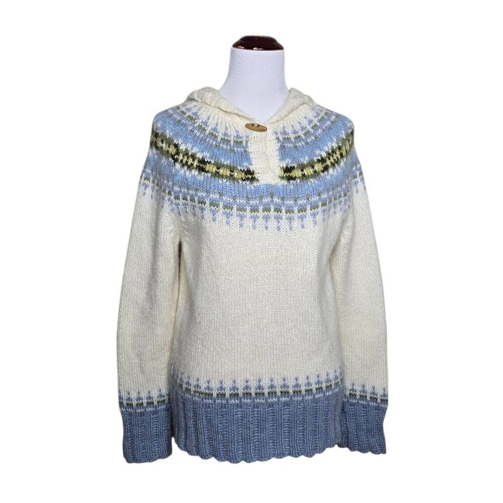 Eddie Bauer Mohair Wool Fair Isle Hooded Sweater Toggle M